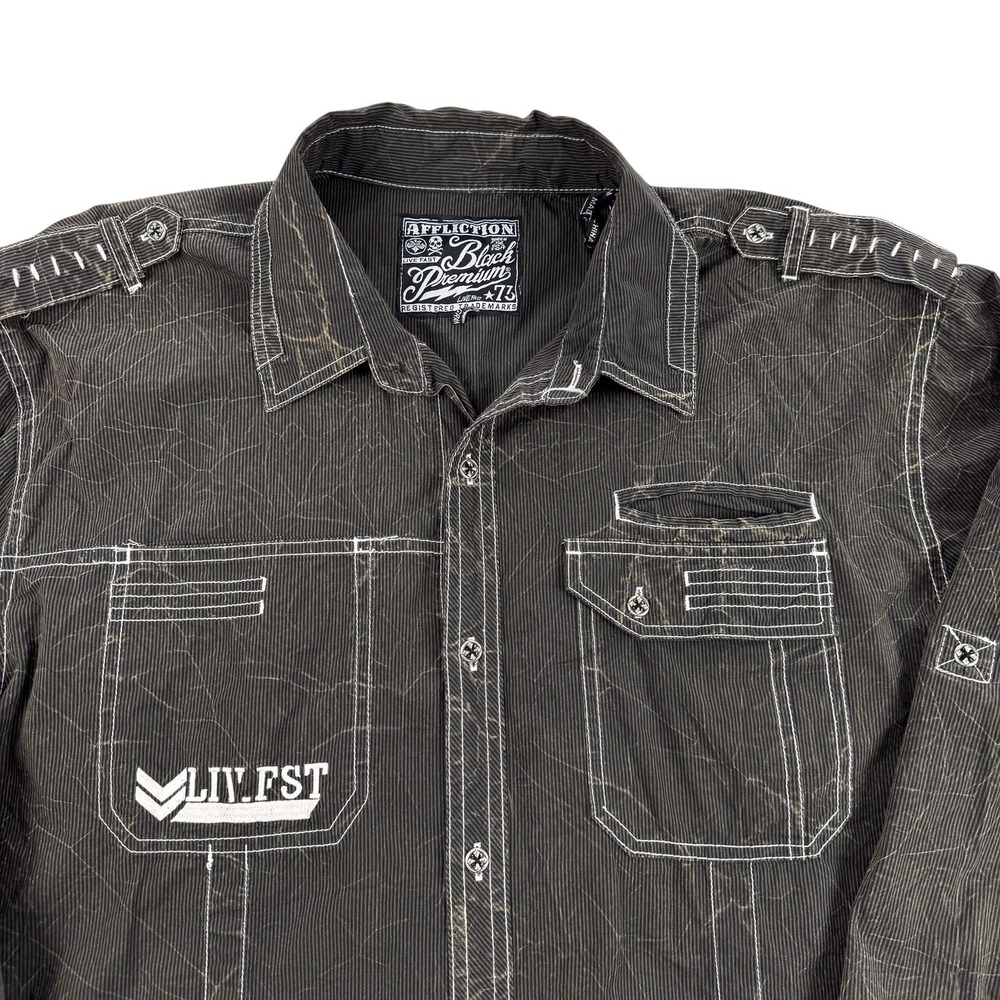 Affliction Shirt Mens 3XL Black Premium Live Fast Skull Striped Button Up Biker
